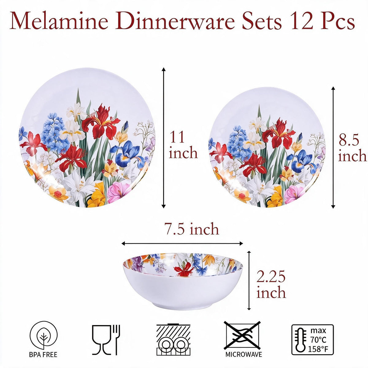 Melamine Dinnerware Set for 4, 12 Piece Plates and Bowls U824