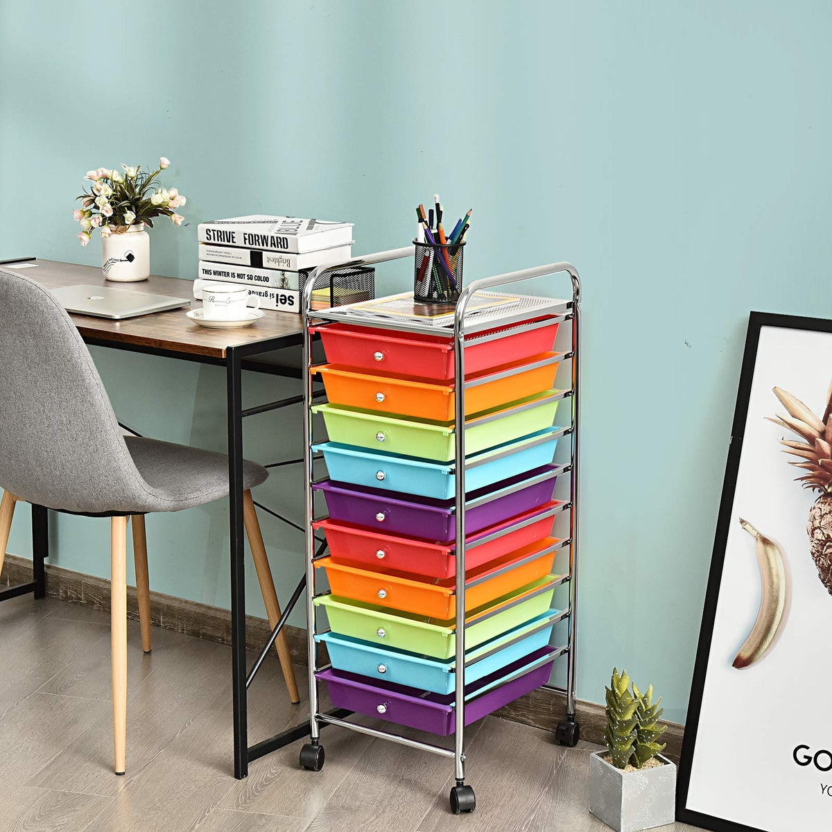 10 Drawer Multicolor Alloy Steel Storage Cart V3669