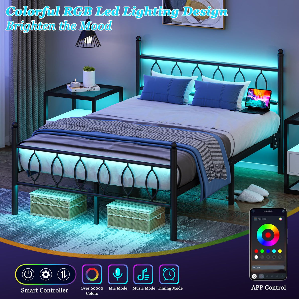Black Metal Full Size Bed Frame with Headboard and Charging Station A95768