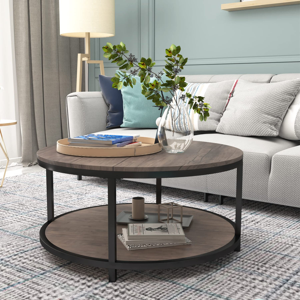 Round 2-Tier Wood Coffee Table with Storage Shelf G119