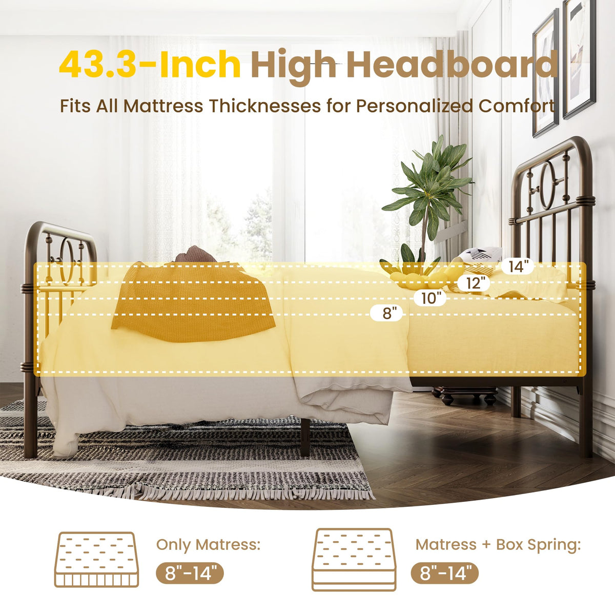 Twin Metal Platform Bed Frame with Vintage Headboard Y61136
