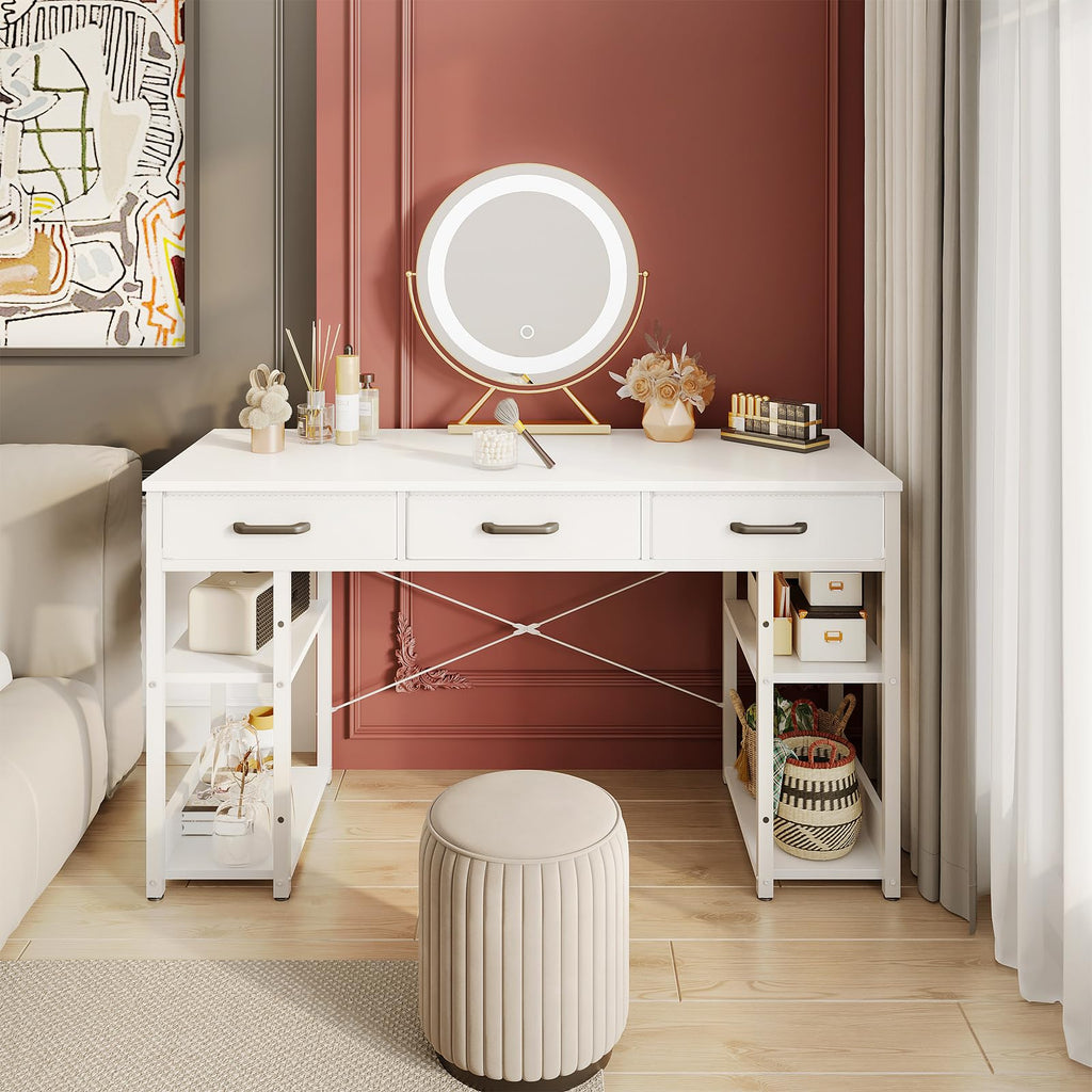 White 48" Computer Desk with Fabric Drawers and Storage Shelves X6652