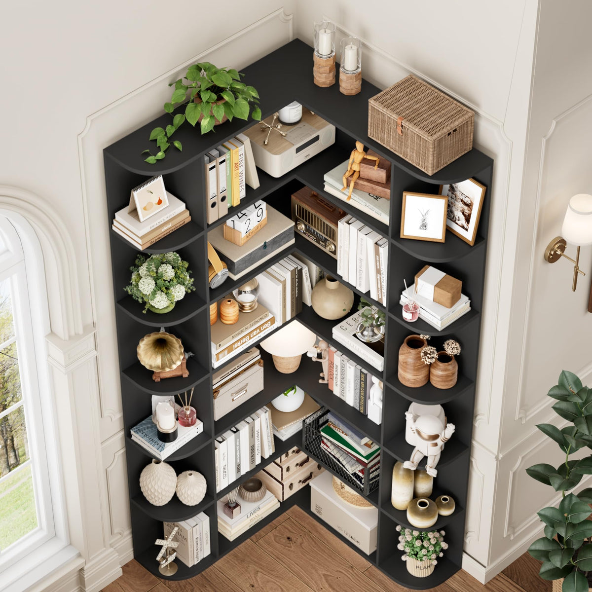 72" Tall 6-Tier Black Corner Bookshelf N492