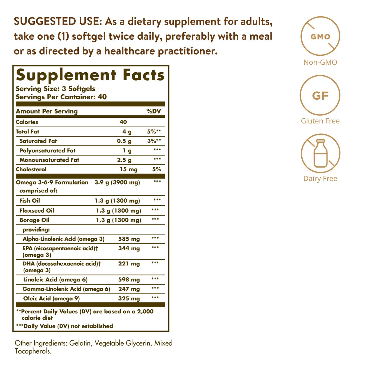 1300 mg Omega 3-6-9 120 Softgels Fish Oil Supplement B303352