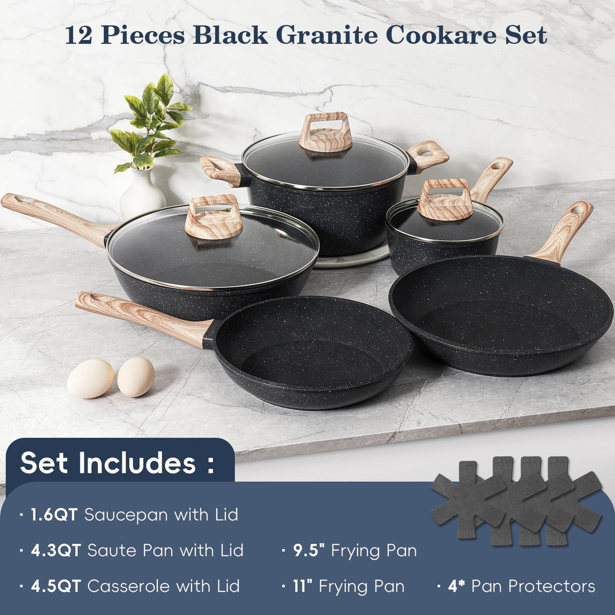 Non Stick 12Pcs Black Granite Induction Cookware K451051