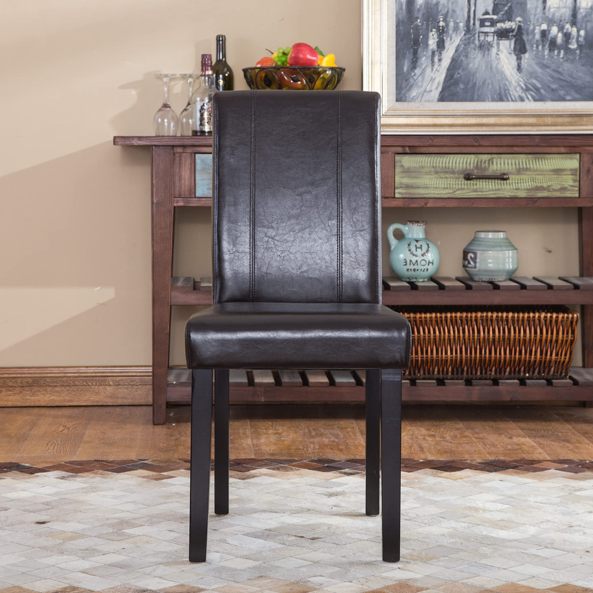 Brown Faux Leather Solid Wood Parson Chairs, Set of 2 H3493