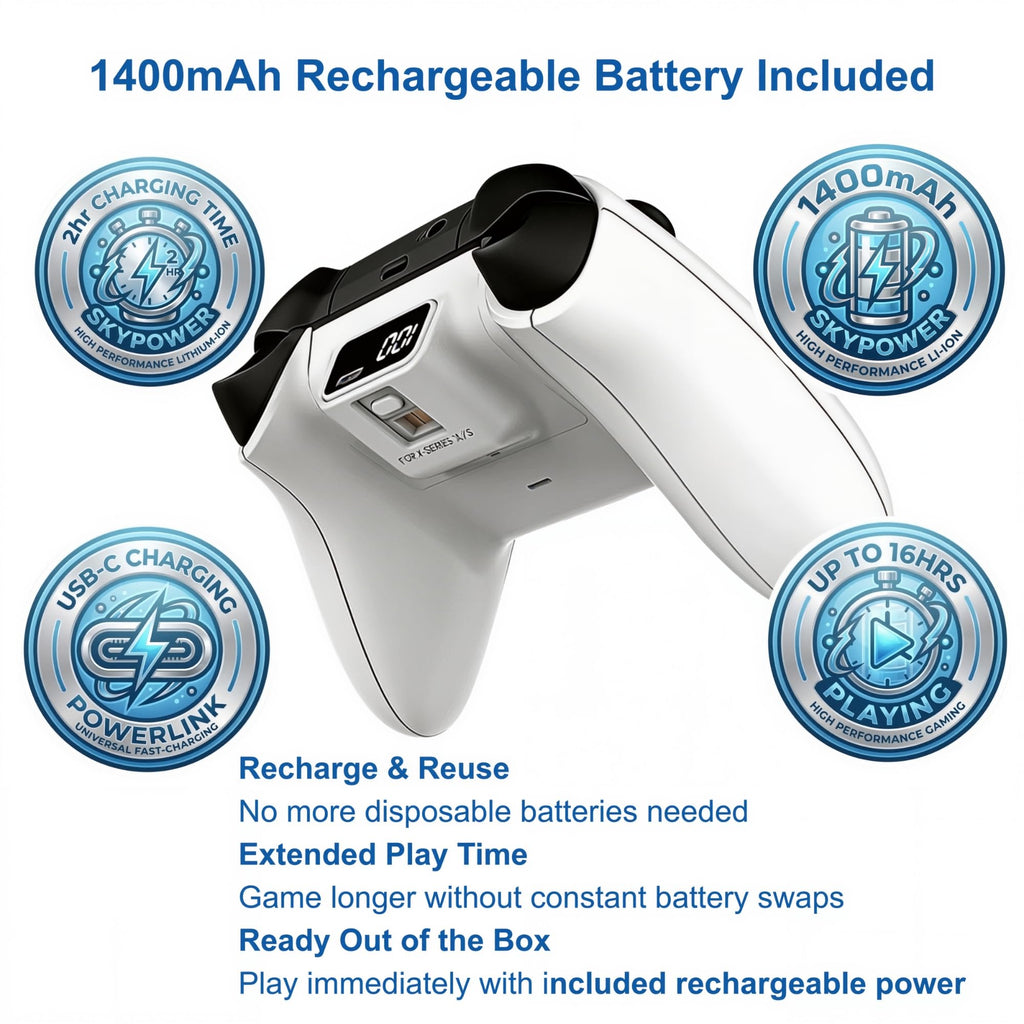 Wireless Controller for Xbox and PC with 1400mAh Battery, White H1114