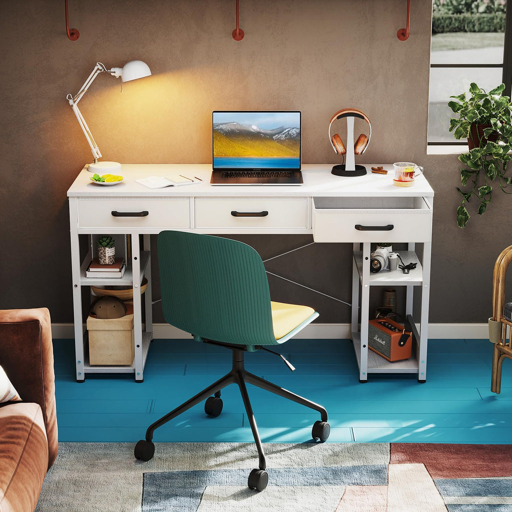 White 48" Computer Desk with Fabric Drawers and Storage Shelves X6652
