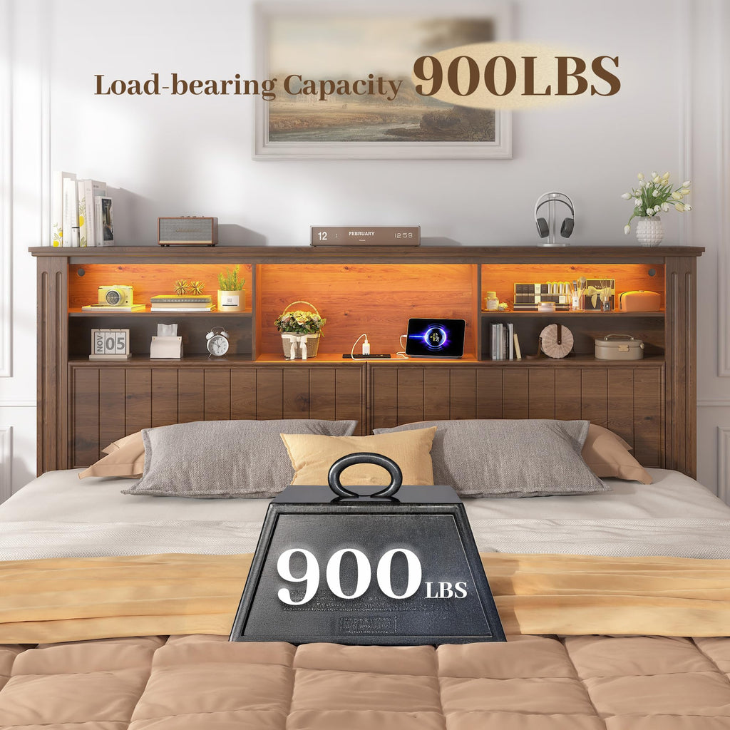 King Bed Frame with 4 Storage Drawers and Headboard Shelf, Brown C94323