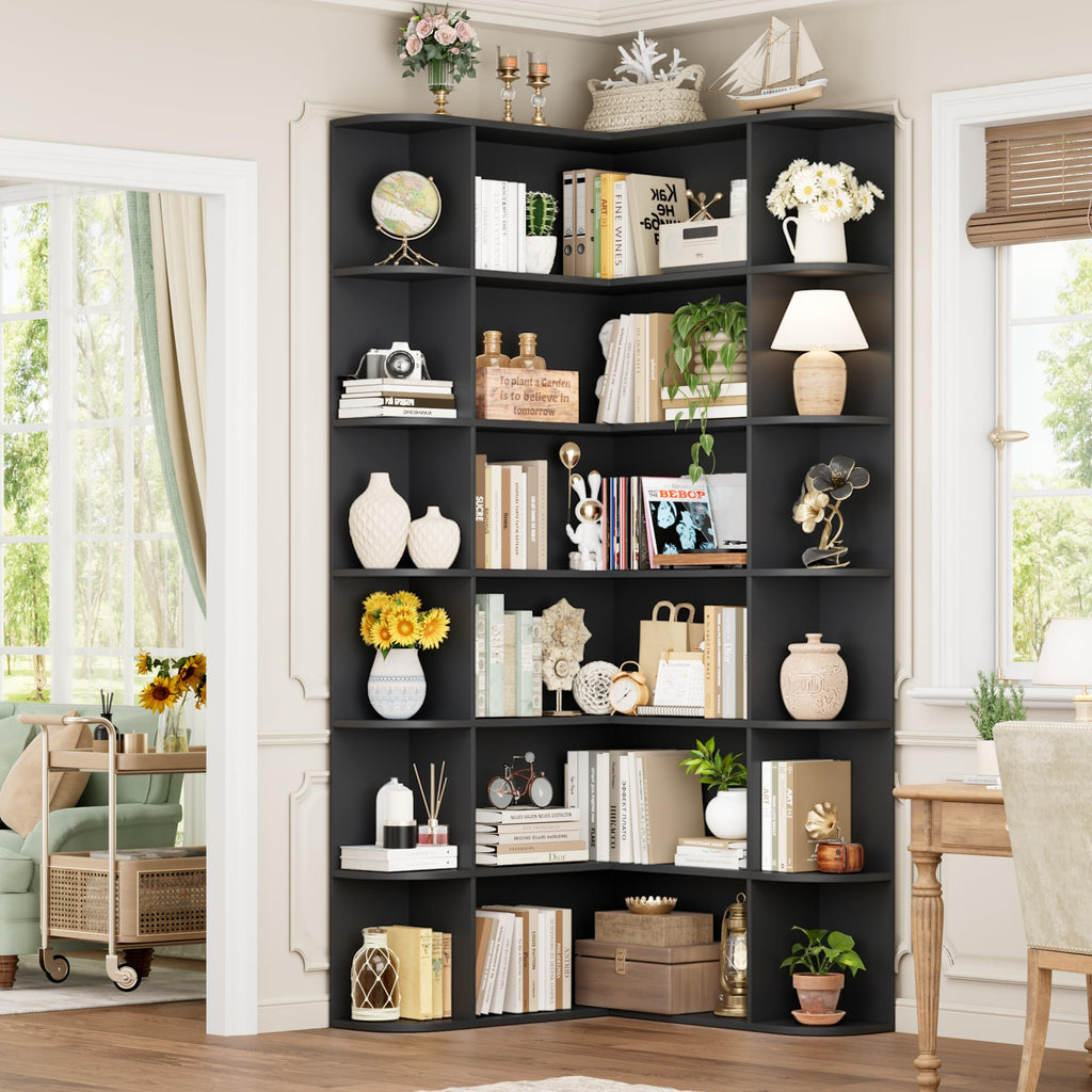 72" Tall 6-Tier Black Corner Bookshelf N492