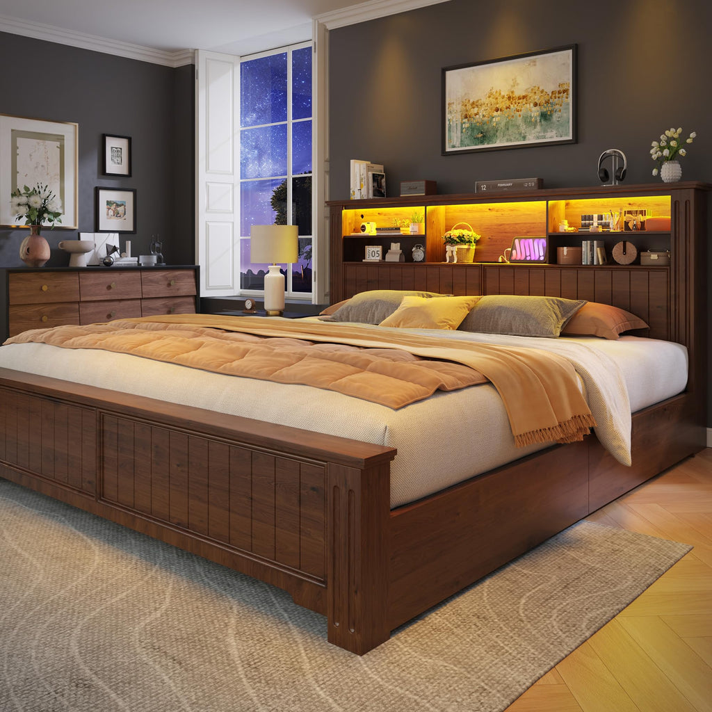 King Bed Frame with 4 Storage Drawers and Headboard Shelf, Brown C94323
