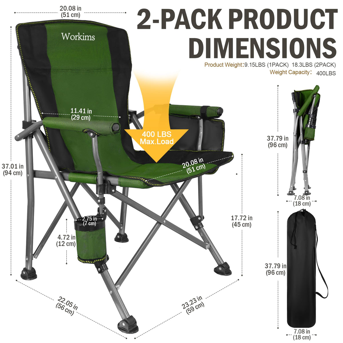 2 Pack Green Folding Camping Chair with Cup Holder and Storage Bag V923005