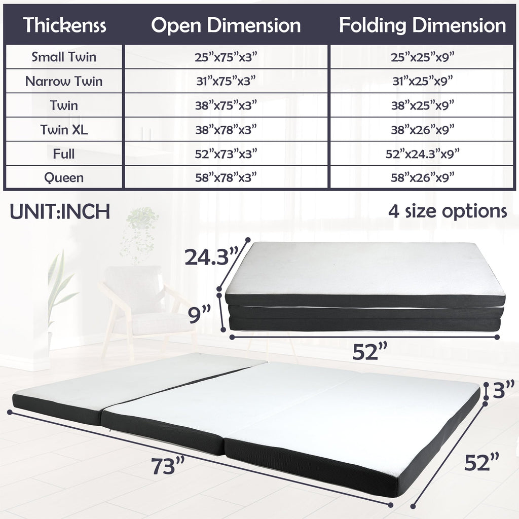 Memory Foam Folding Mattress Full 3 Inch Trifold with Washable Cover E907