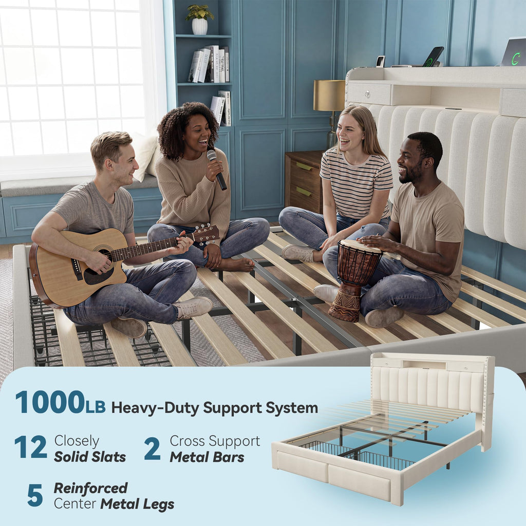 Queen Bed Frame with Storage Headboard & 4 Drawers V9951