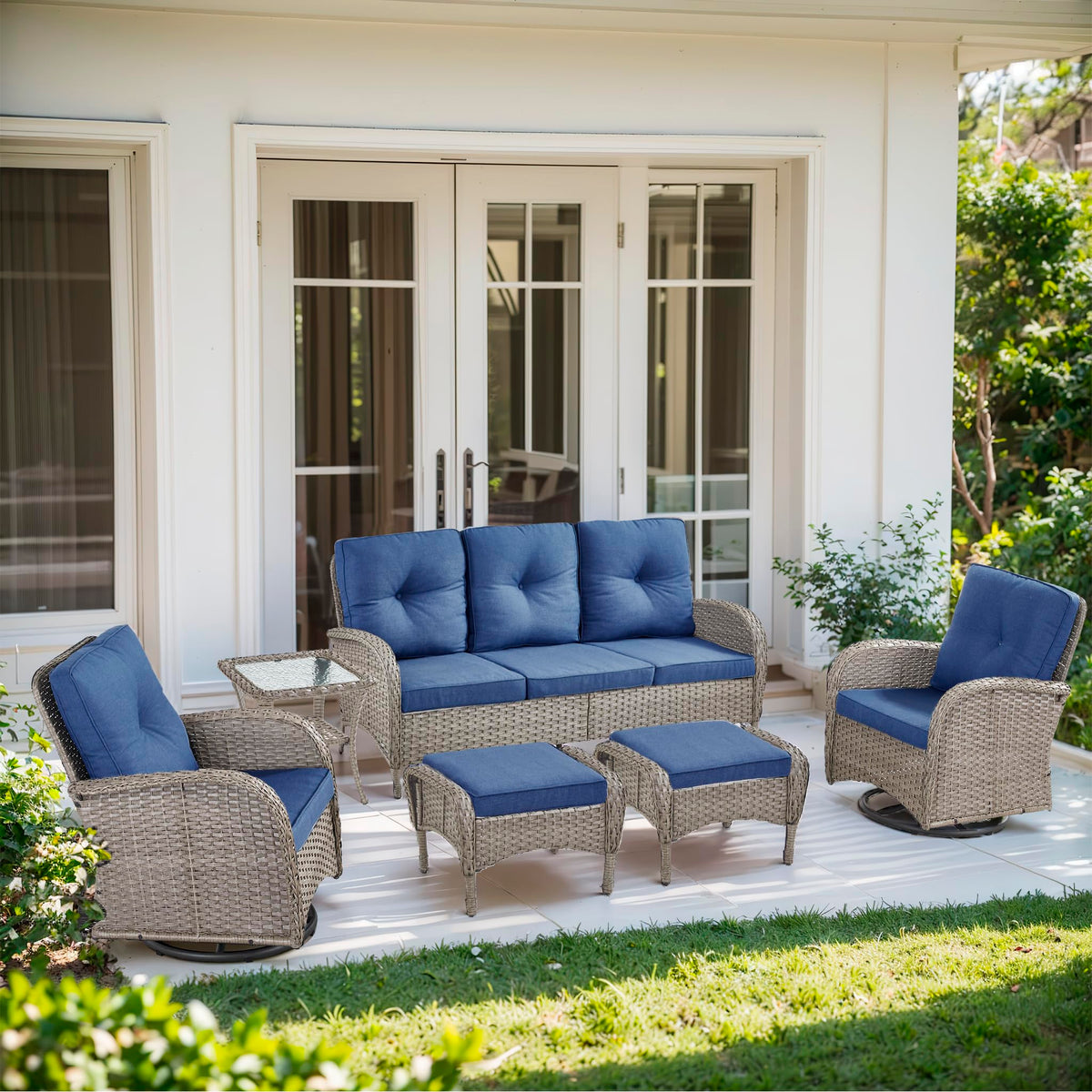 6 Piece Grey Wicker Patio Furniture Set with Blue Cushion A296292