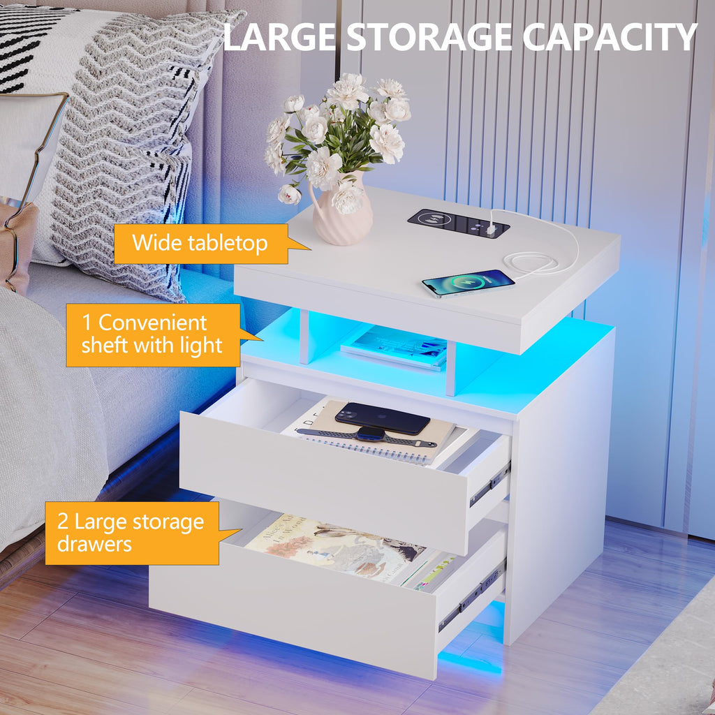 LED Nightstand with Charging Station White E21392