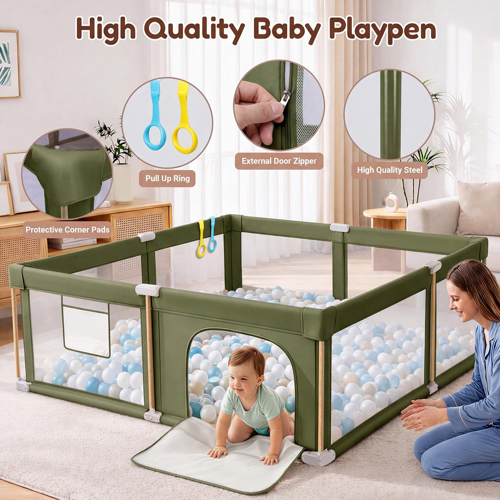 Foldable Baby Playpen with Mat, Breathable Mesh Green 71"×59" E7116