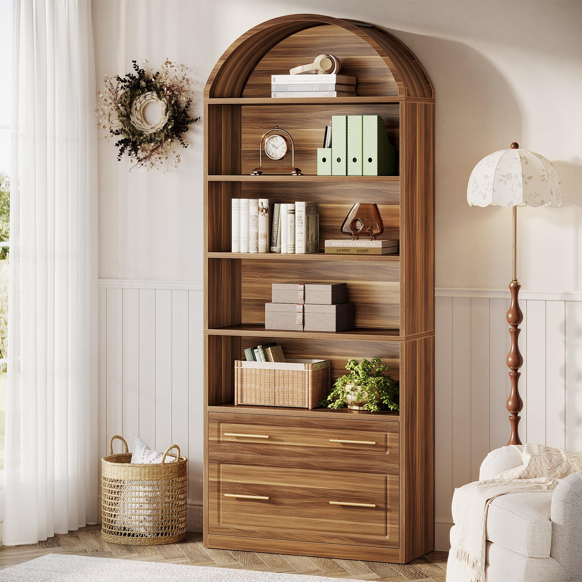 76.8" Tall Arched Bookcase with File Cabinet Drawer, Walnut Brown H307523