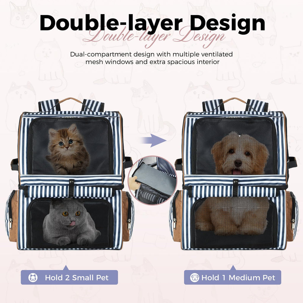 Double Cat Backpack Carrier for 2 Cats Blue Striped E21913