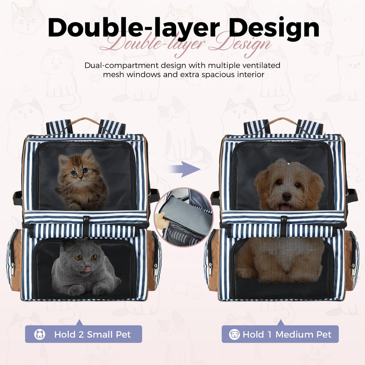 Double Cat Backpack Carrier for 2 Cats Blue Striped E21913
