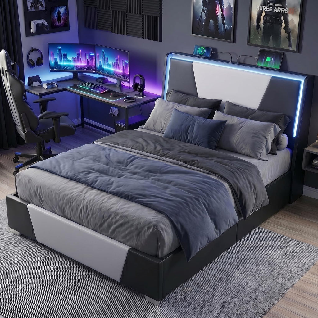 Full Size Bed Frame with Led Lights and 4 Storage Drawers G395442