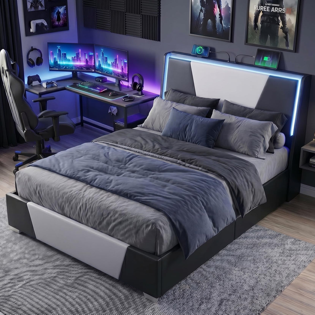 Full Size Bed Frame with Led Lights and 4 Storage Drawers G395442