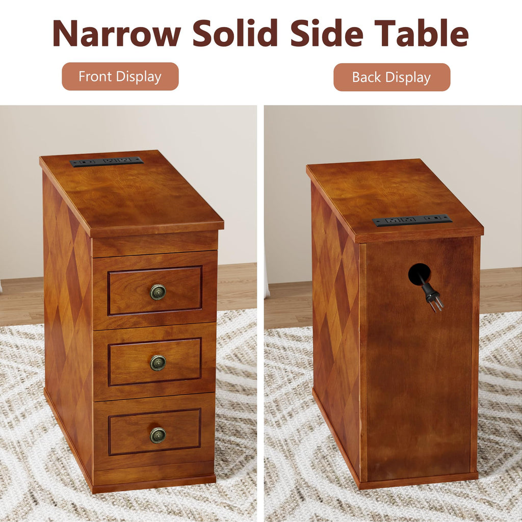 Solid Wood Narrow End Table with Charging Station Set of 2 Q719