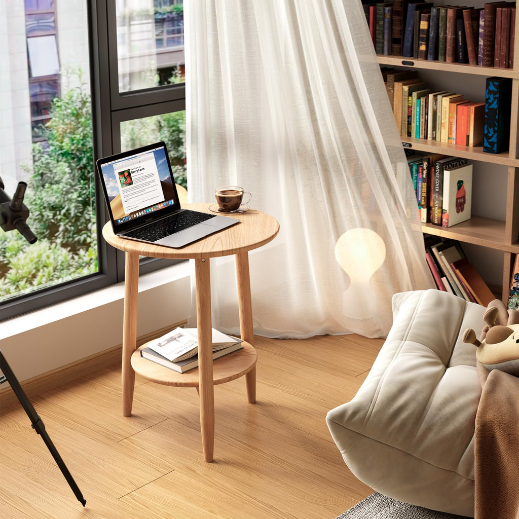 Solid Wood Round End Table with Lower Shelf Q881582