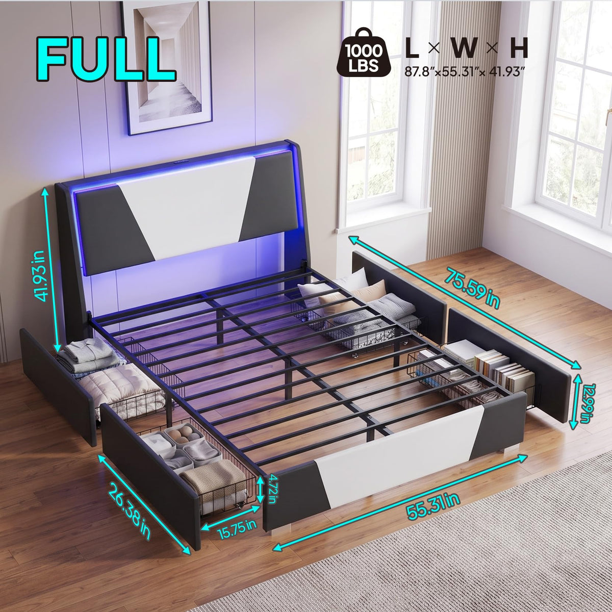 Full Size Bed Frame with Led Lights and 4 Storage Drawers G395442