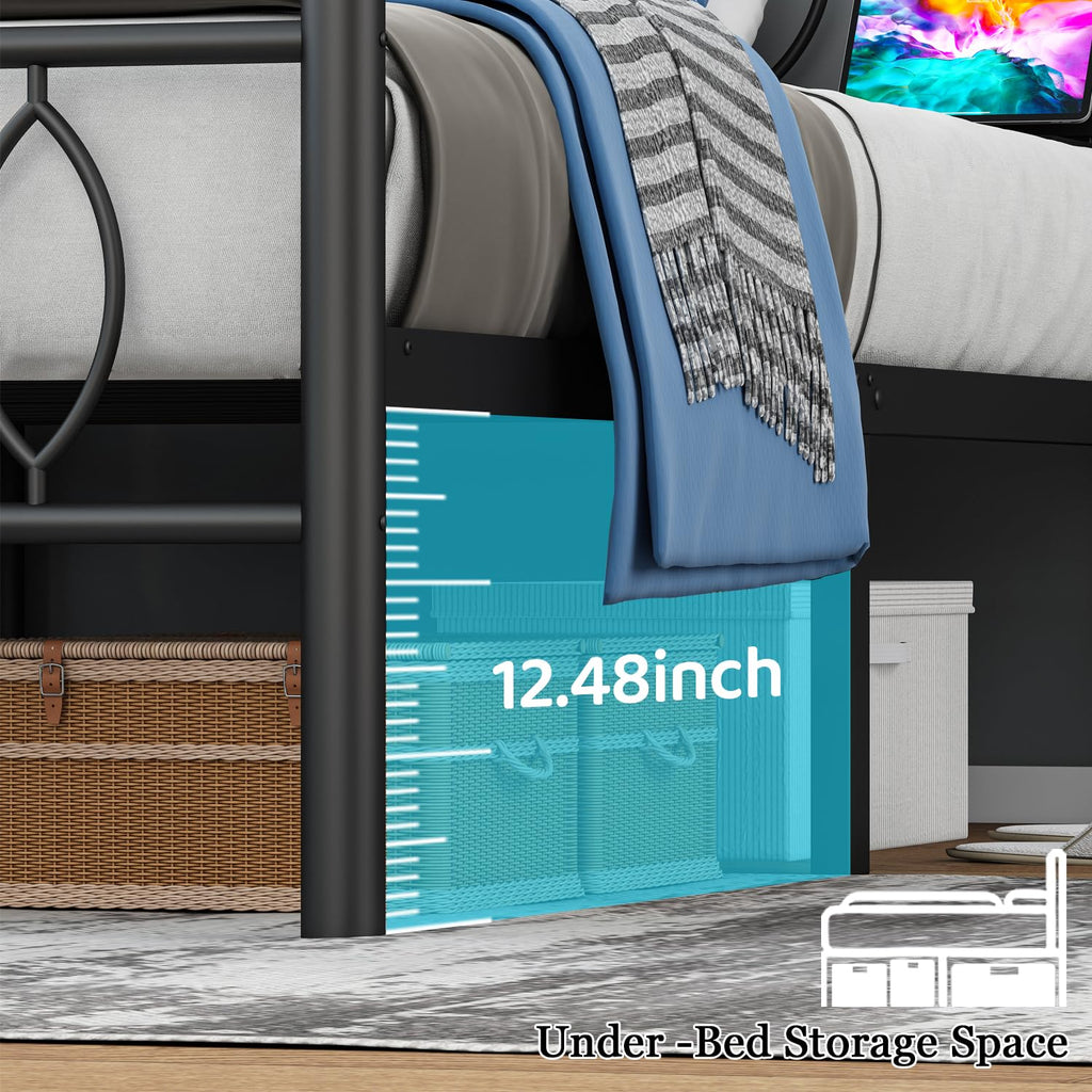 Black Metal Full Size Bed Frame with Headboard and Charging Station A95768