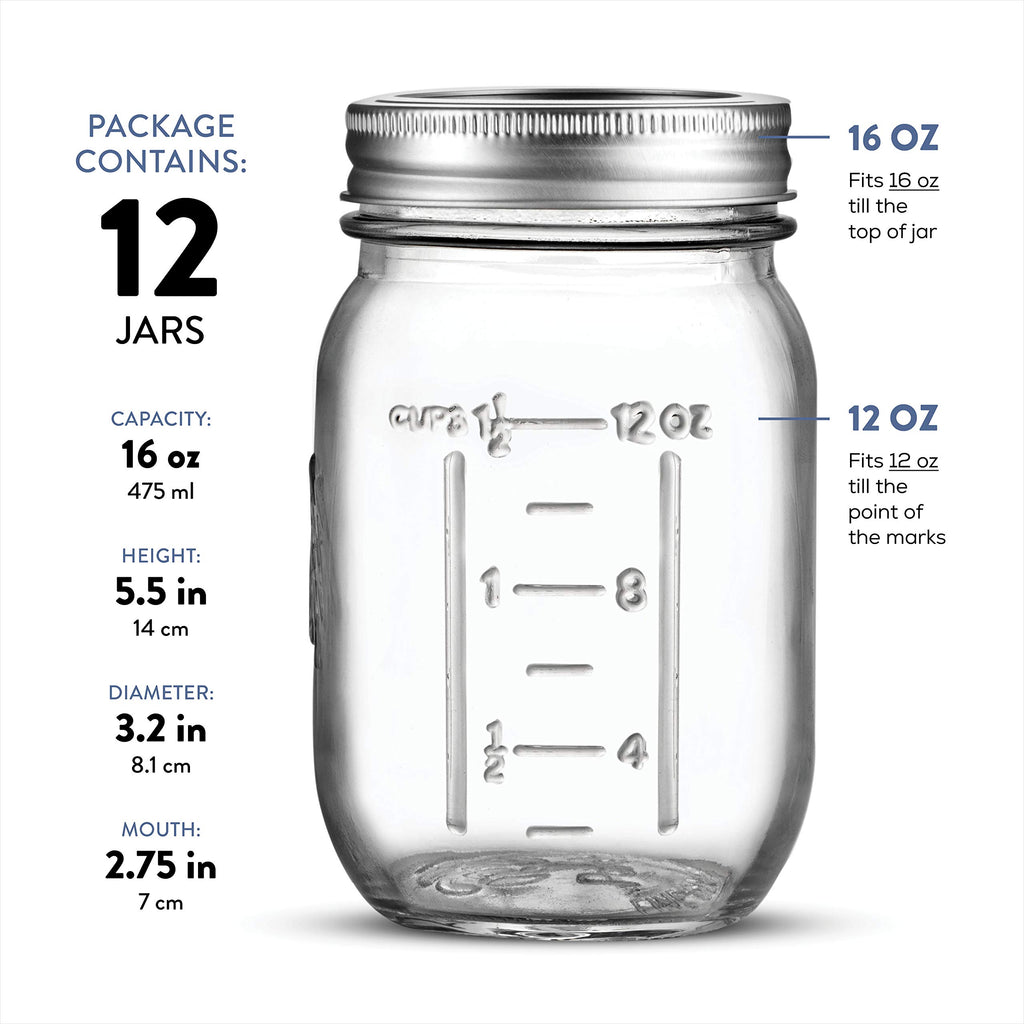 16 oz 12-Pack Regular Mouth Glass Jars with Lid & Seal Bands J9943