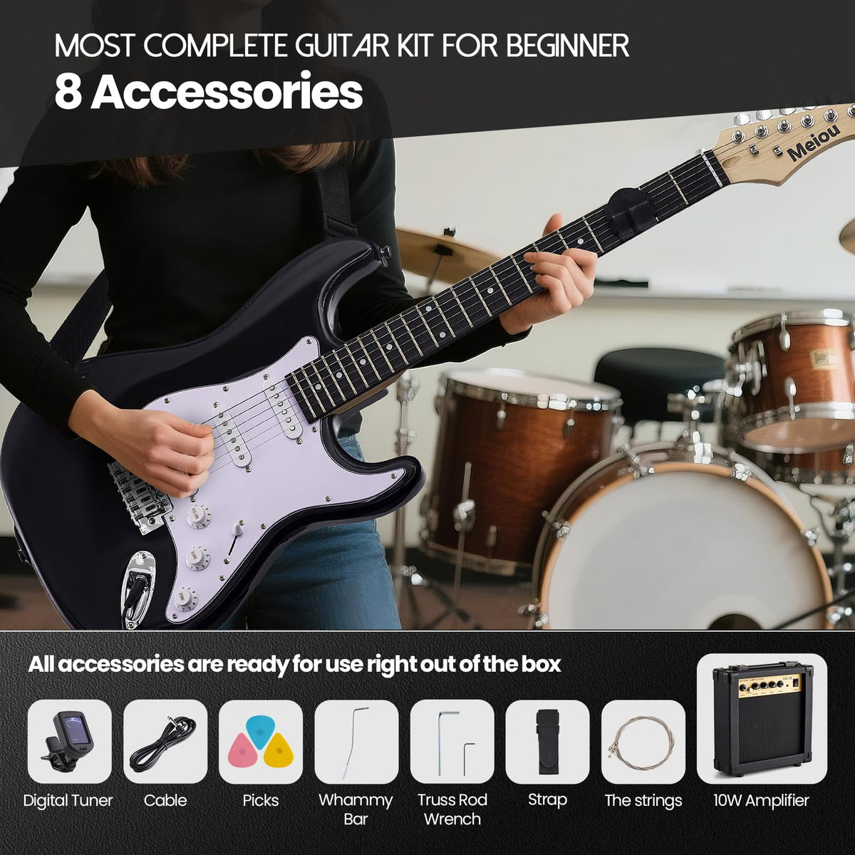 39-Inch Electric Guitar Starter Kit with Amp Black U3320