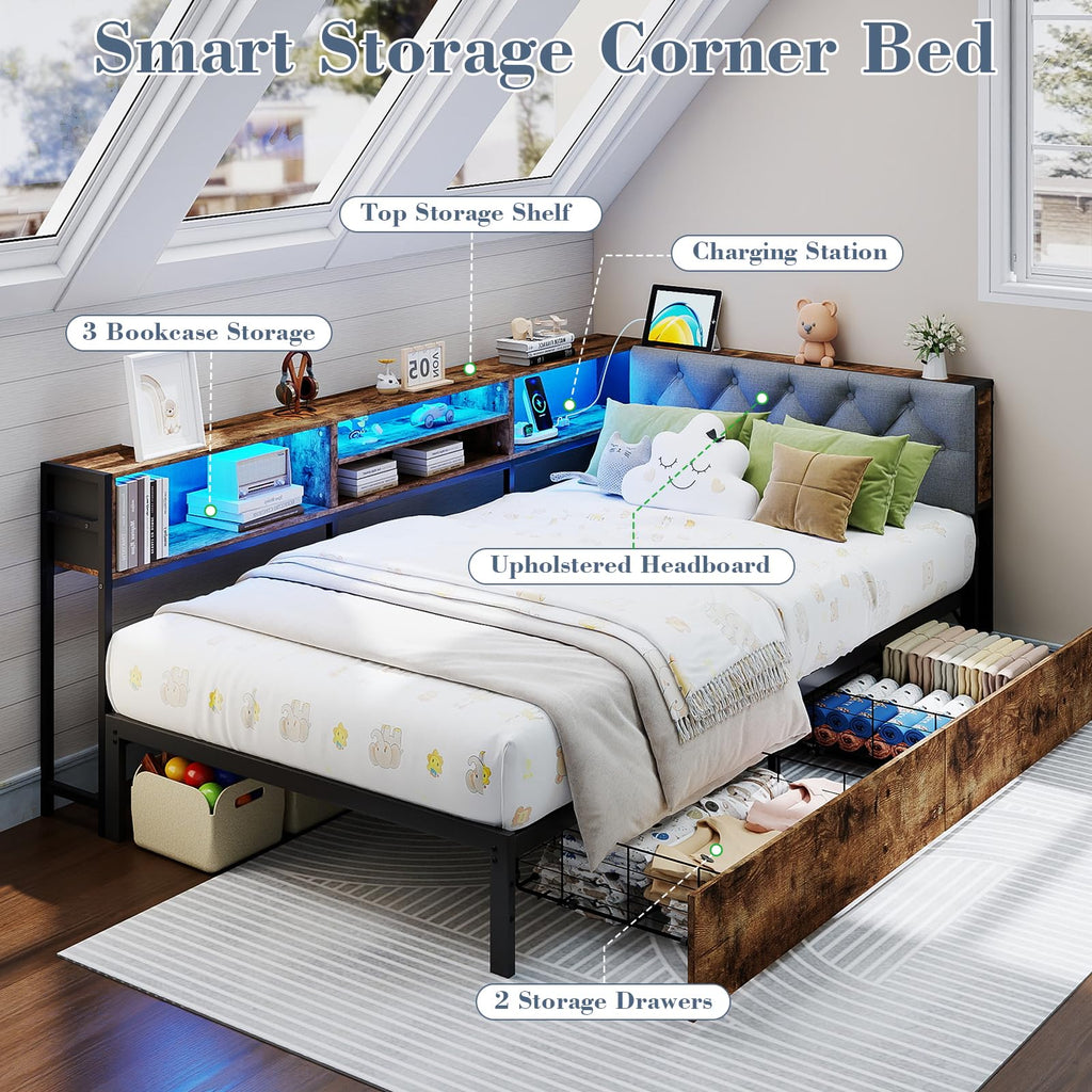 Twin Size Corner Bed Frame with Storage and Headboard V41893