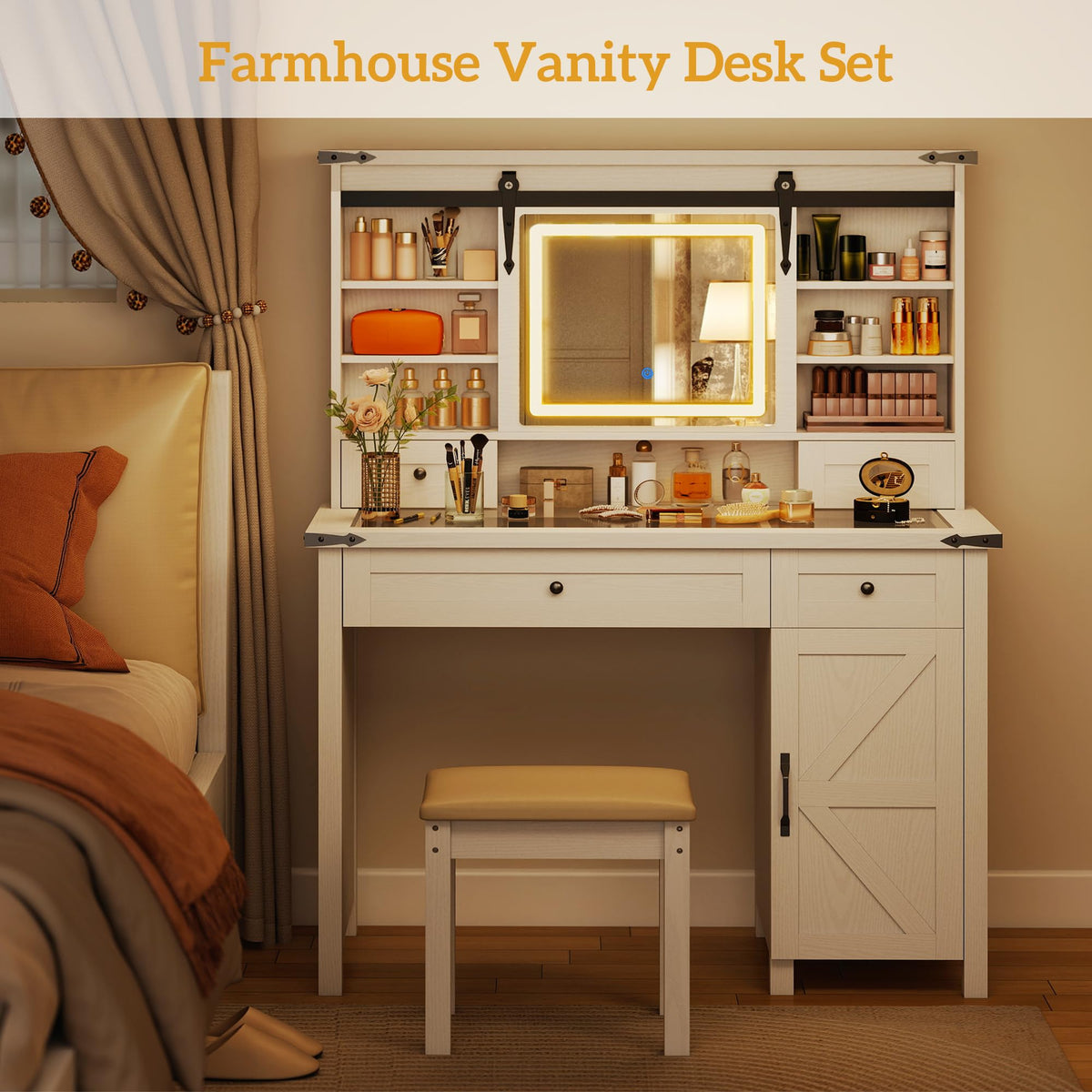 White Vanity Desk with Mirror, LED Lights, Stool A81379