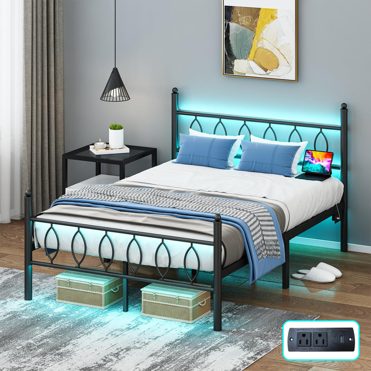 Black Metal Full Size Bed Frame with Headboard and Charging Station A95768