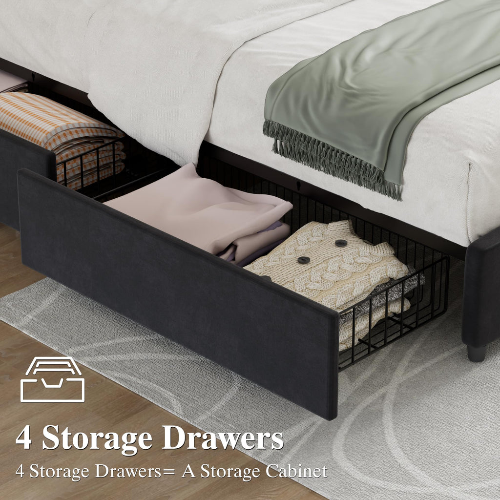 Queen Size Black Bed Frame with 4 Storage Drawers O124722