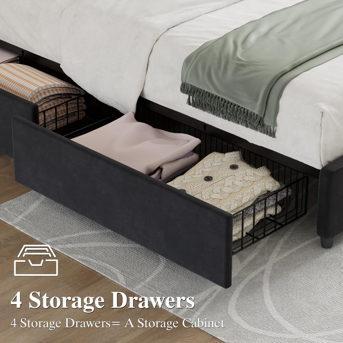 Queen Size Black Bed Frame with 4 Storage Drawers O124722