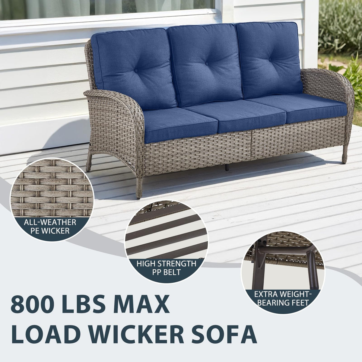 6 Piece Grey Wicker Patio Furniture Set with Blue Cushion A296292