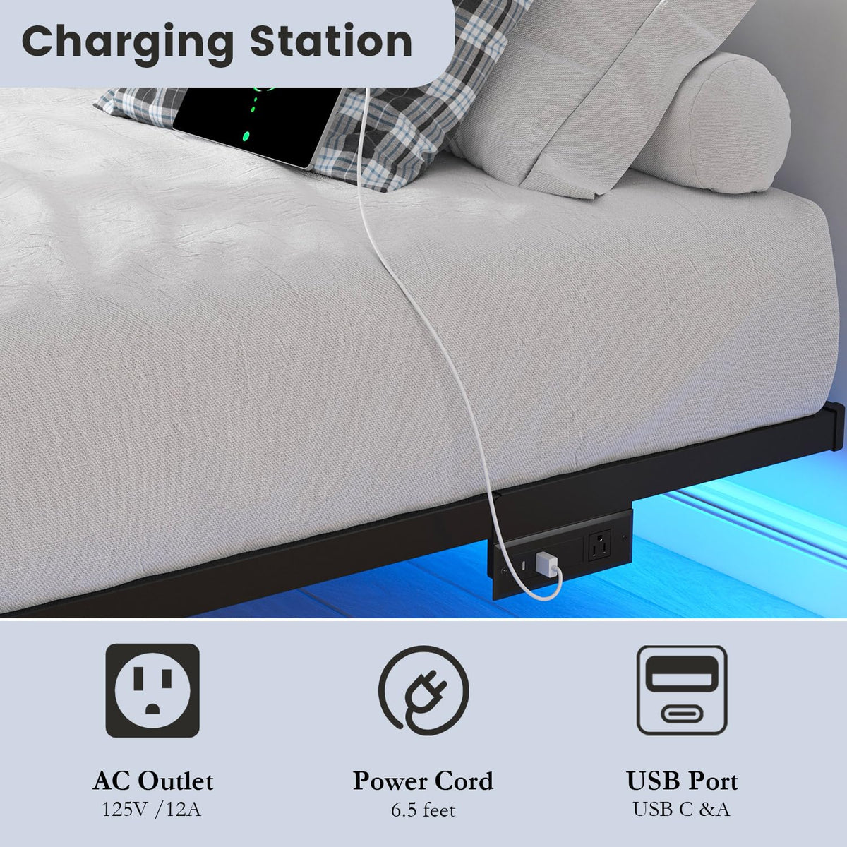 8 inch Floating Bed Frame Full with Charging Station X536561