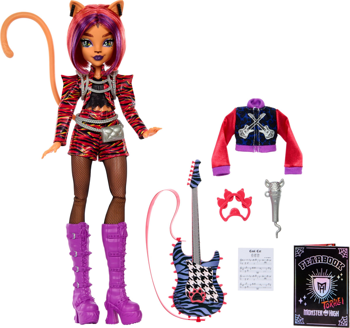 Monster High Toralei Music Club Doll With Varsity Jacket, Yearbook, And Accessories B228011