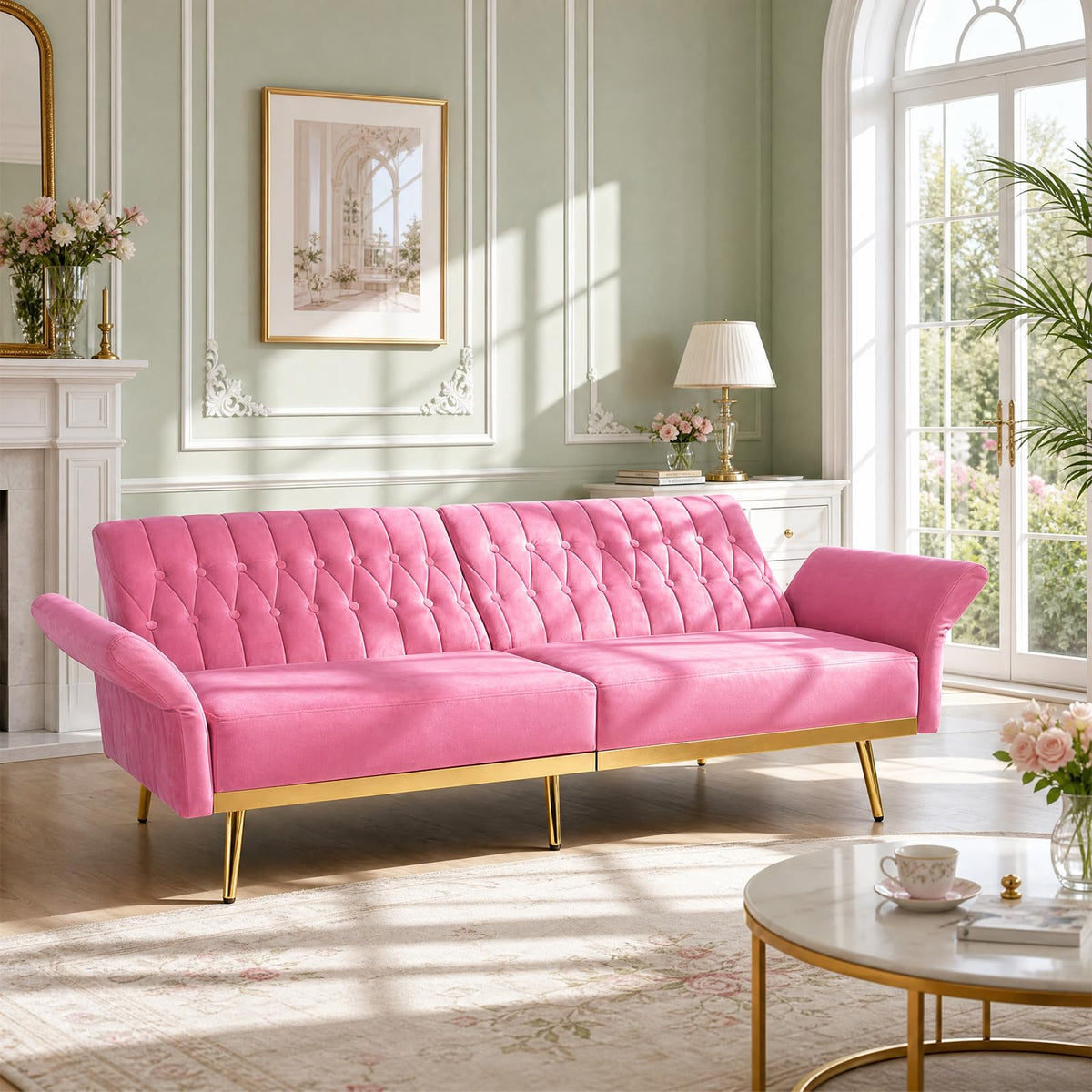 Pink Velvet Futon Sofa Bed H58358