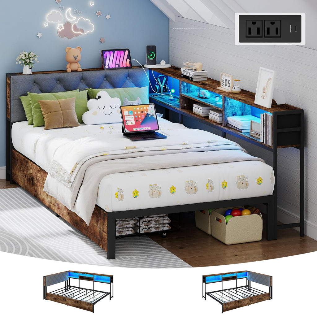 Twin Size Corner Bed Frame with Storage and Headboard V41893