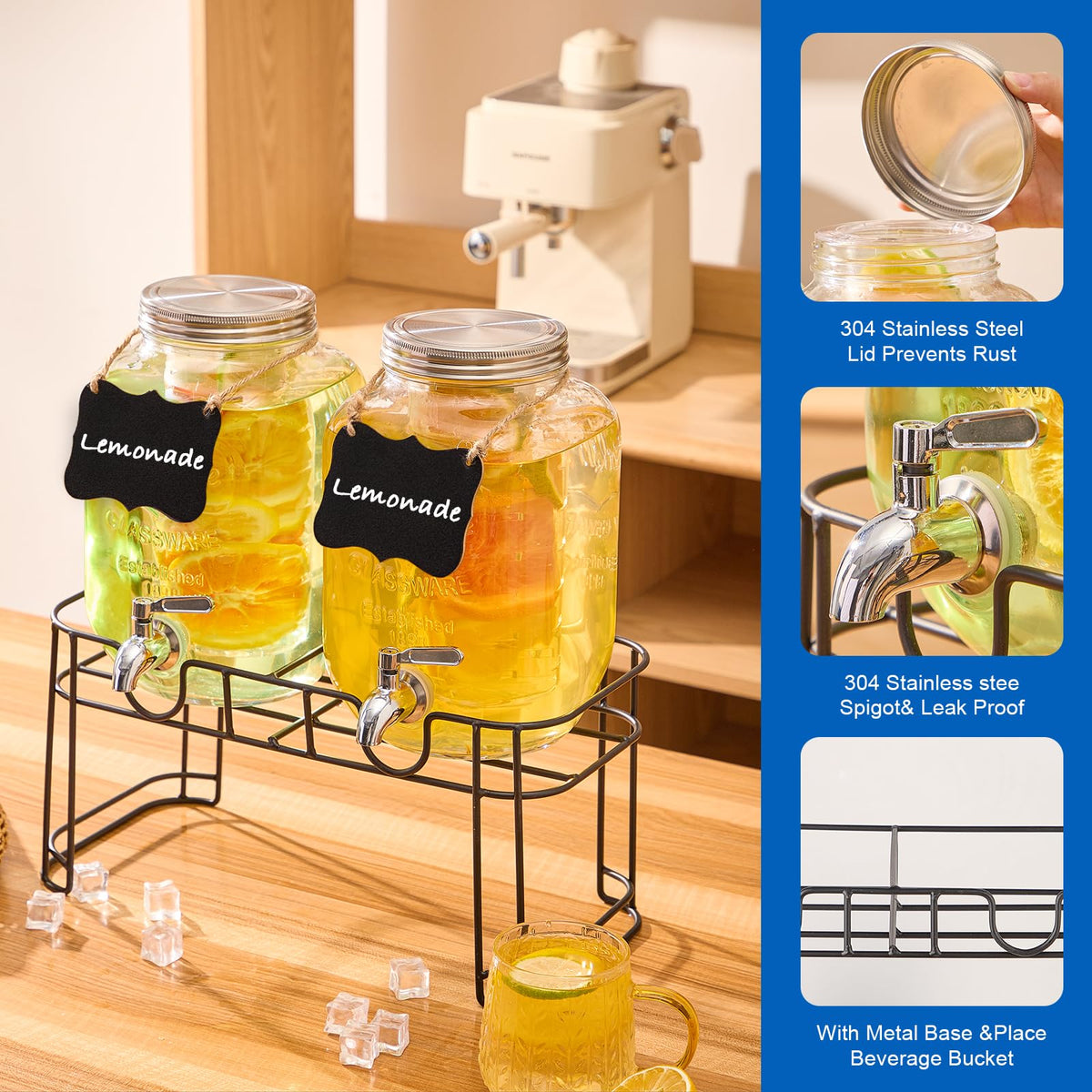 1 Gallon Glass Drink Dispenser with Stand, 2 Pack T215716