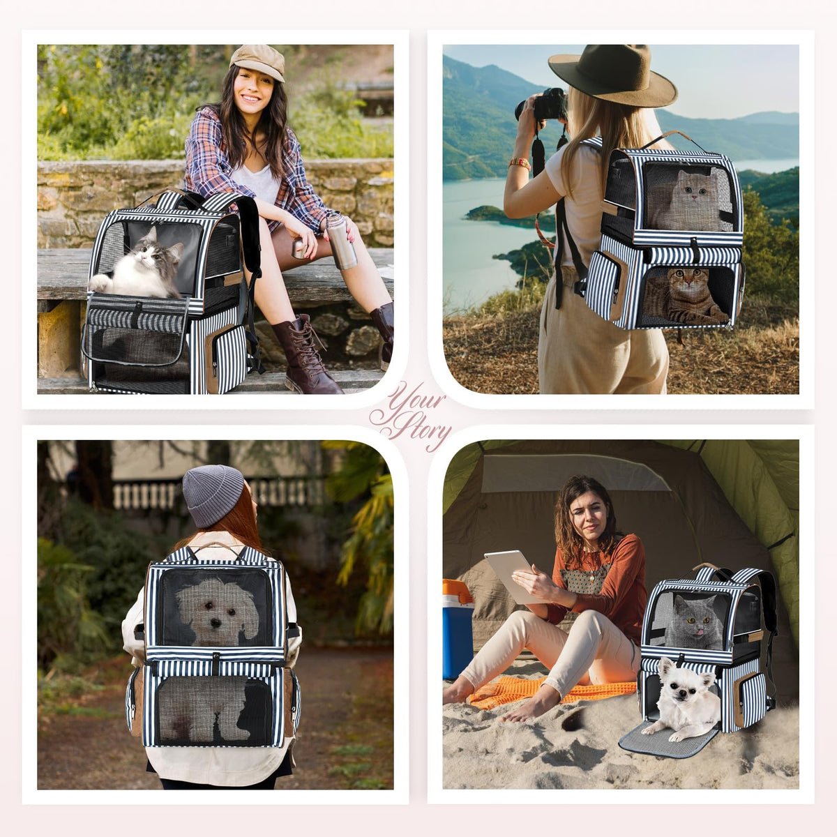 Double Cat Backpack Carrier for 2 Cats Blue Striped E21913
