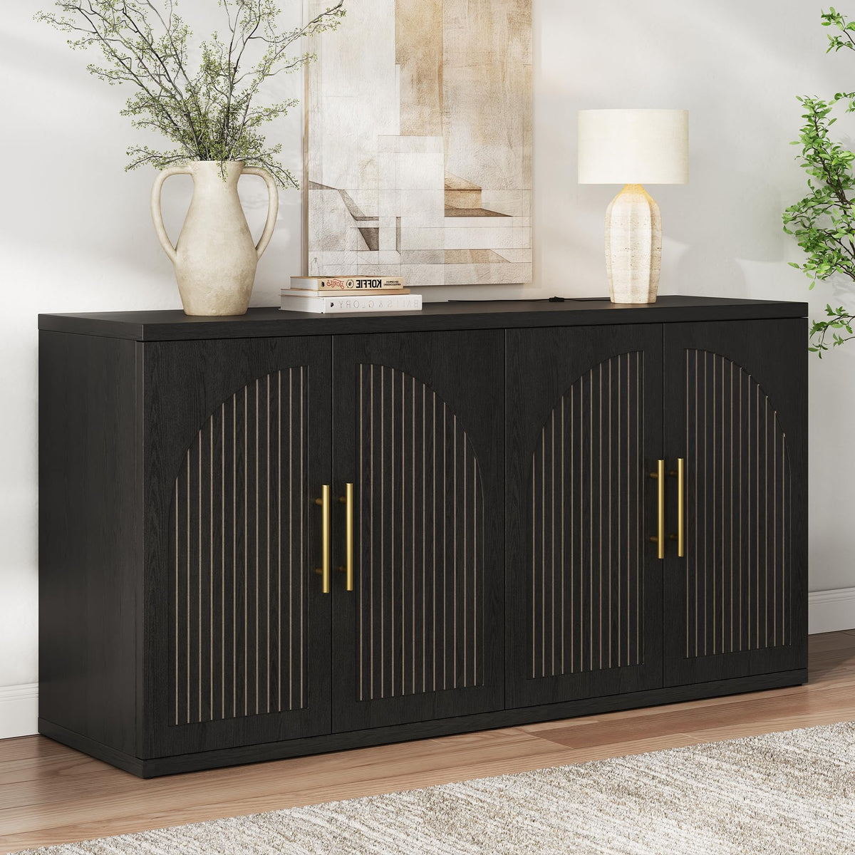63" Black Wood Buffet Cabinet with Storage E6313