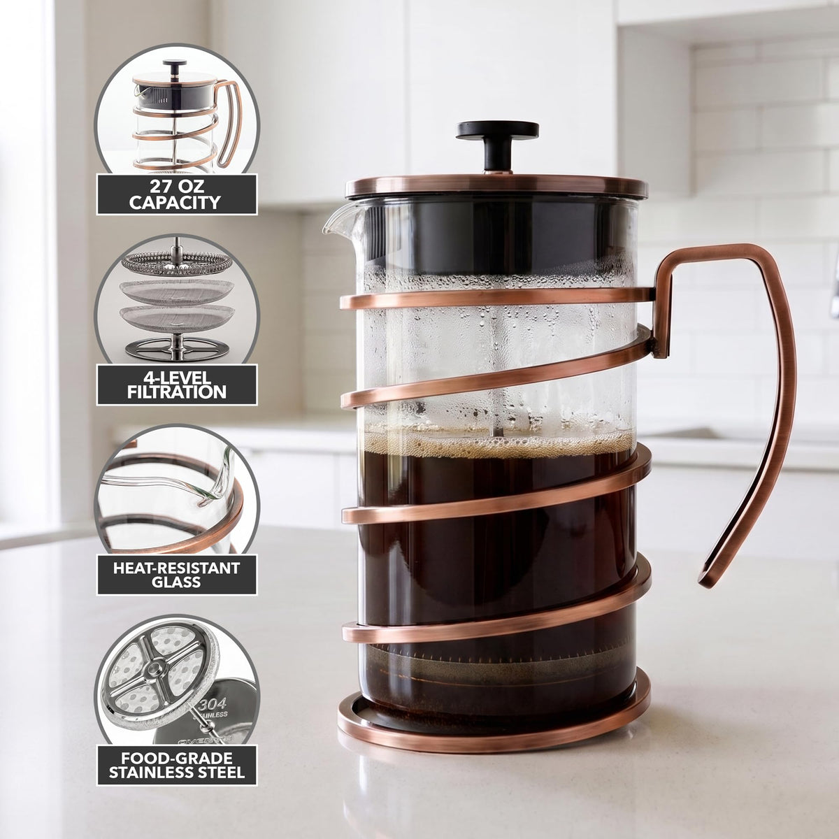 French Press Coffee Maker 27oz with 4 Filters V268001