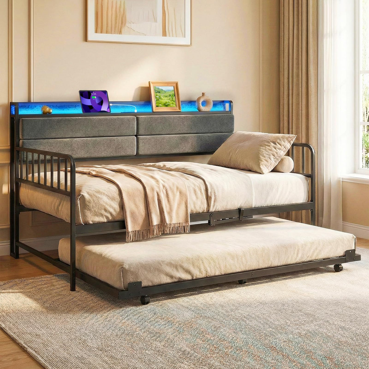 Twin Size Metal Daybed with Trundle and LED Light I3557