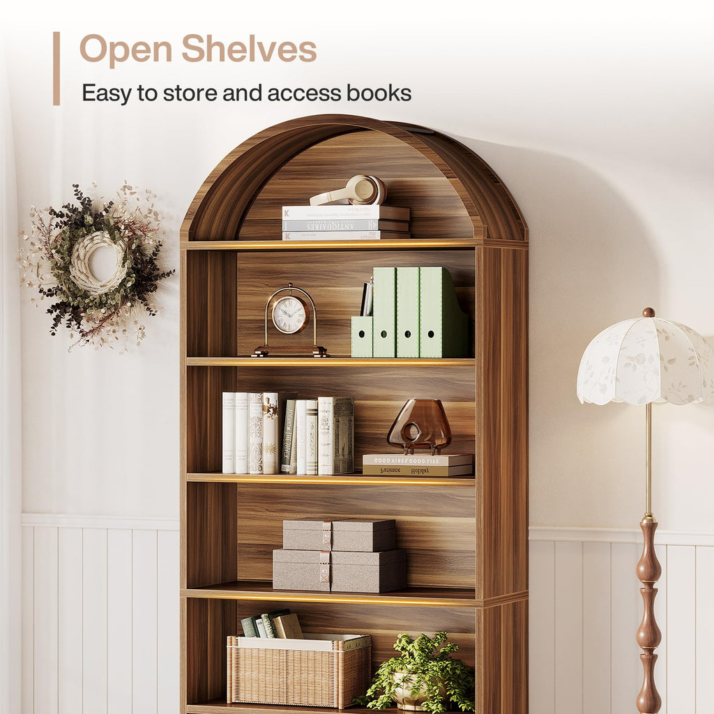 76.8" Tall Arched Bookcase with File Cabinet Drawer, Walnut Brown H307523