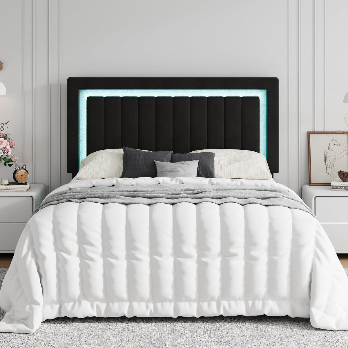 Queen Size Black Velvet Bed Frame with LED Light F66113