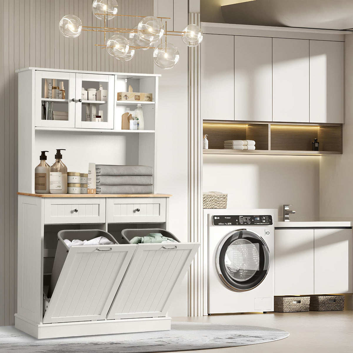 68.4" White Kitchen Pantry Storage Cabinet with Shelf, 2 Drawers and Tilt Out Trash Cabinet P33332